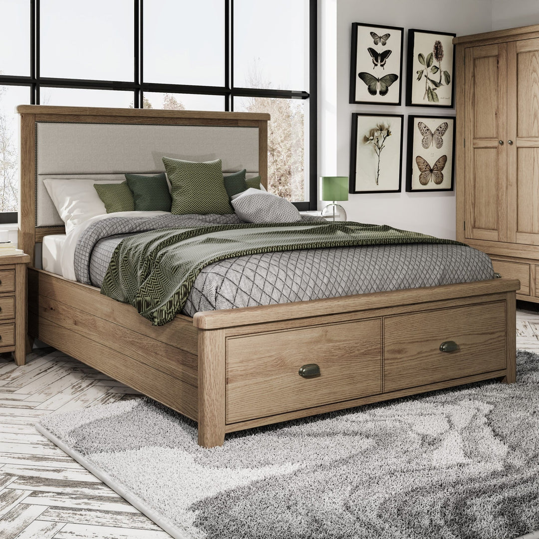 Rusper Oak 5'0 Kingsize Bed Frame - Fabric Headboard & Drawers - Duck Barn Interiors