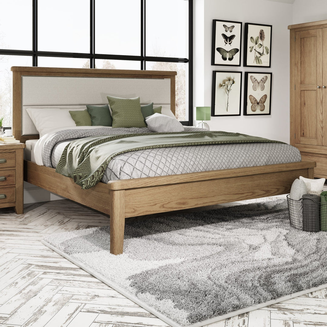 Rusper Oak 6'0 Super King size Bed Frame - Fabric Headboard - Duck Barn Interiors