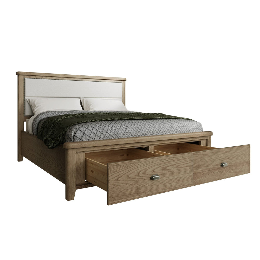 Rusper Oak 6'0 Super King Size Bed Frame - Fabric Headboard & Drawers - Duck Barn Interiors