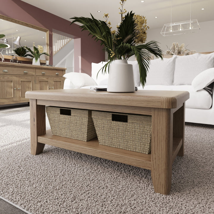 Rusper Oak Coffee Table with Baskets1 - Duck Barn Interiors