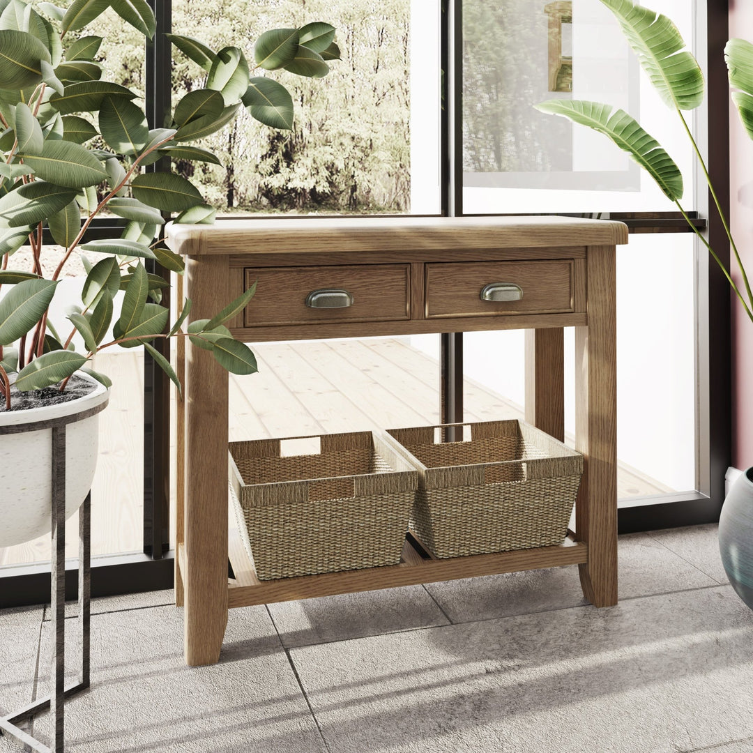 Rusper Oak Console Table with 2 Baskets1 - Duck Barn Interiors