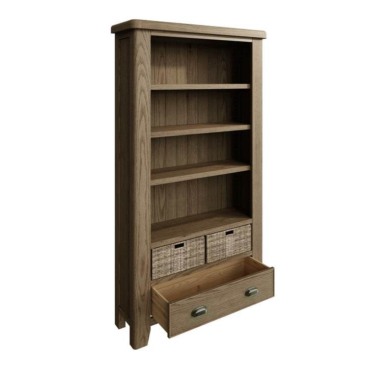 Rusper Oak Large Bookcase with Baskets2 - Duck Barn Interiors