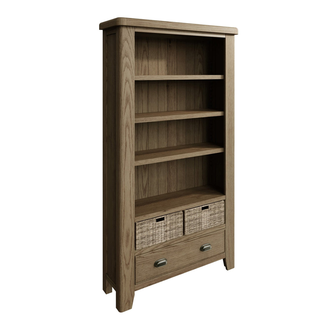 Rusper Oak Large Bookcase with Baskets3 - Duck Barn Interiors