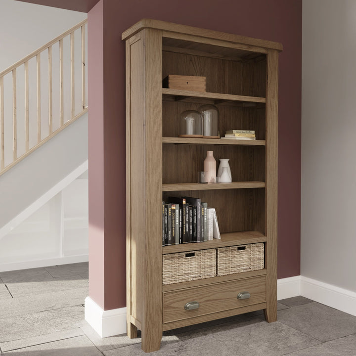 Rusper Oak Large Bookcase with Baskets1 - Duck Barn Interiors