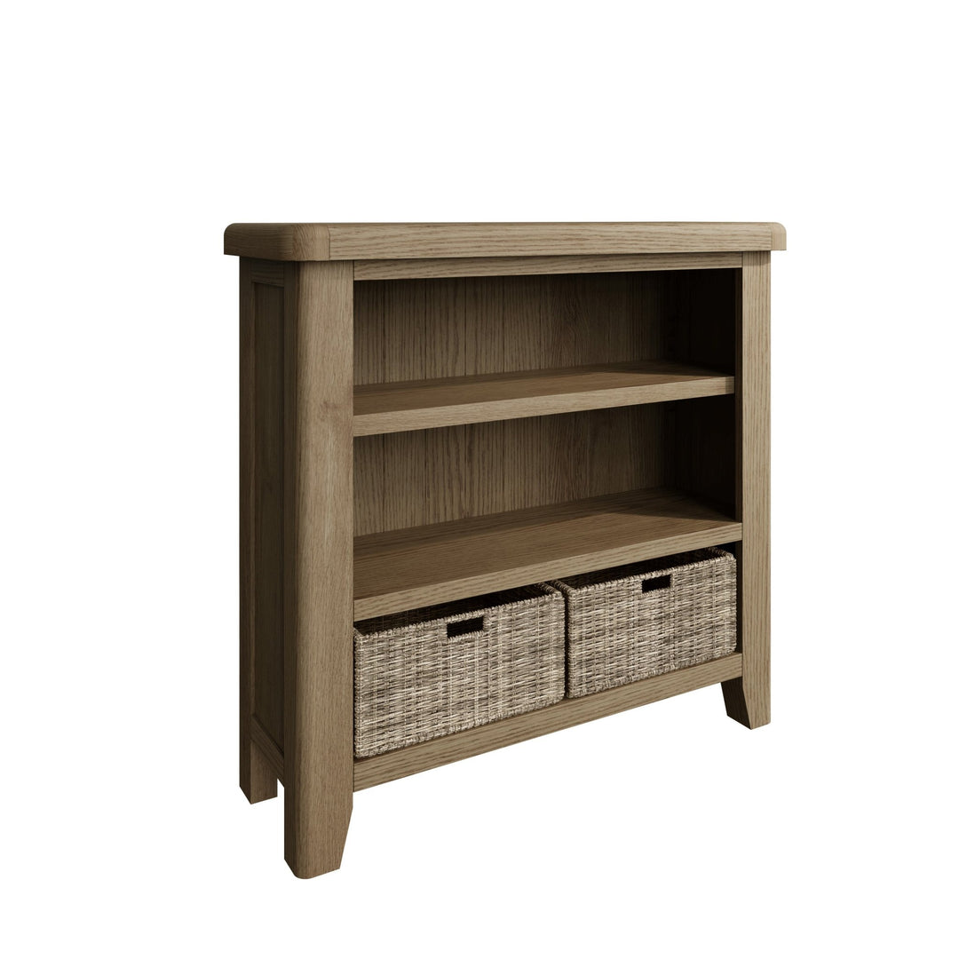 Rusper Oak Small Bookcase with Baskets2 - Duck Barn Interiors