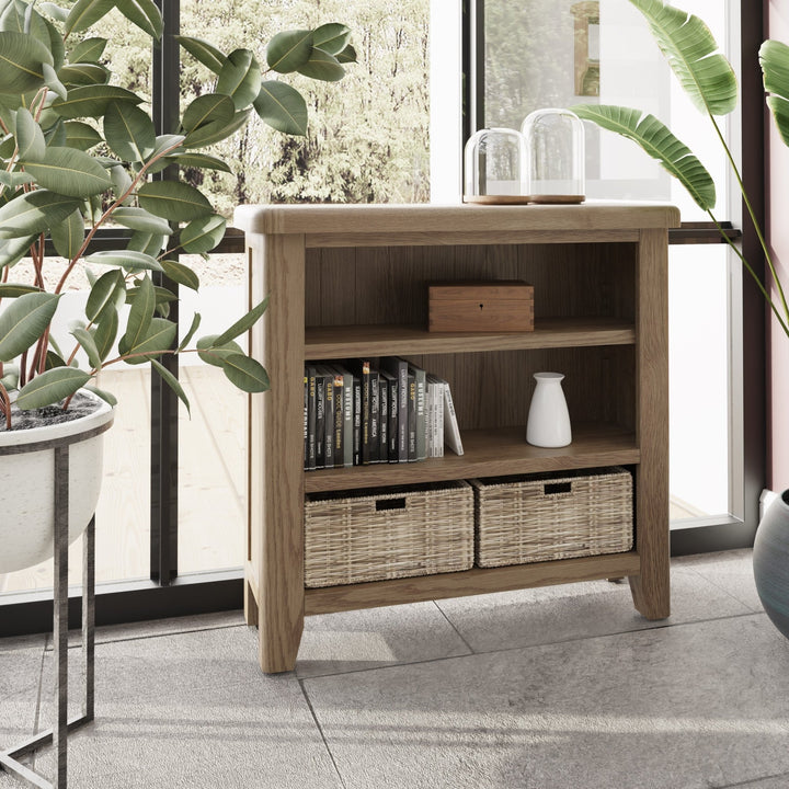 Rusper Oak Small Bookcase with Baskets1 - Duck Barn Interiors