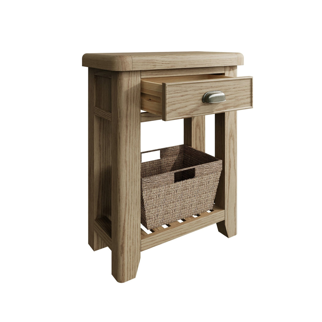 Rusper Oak Telephone Table with Basket2 - Duck Barn Interiors