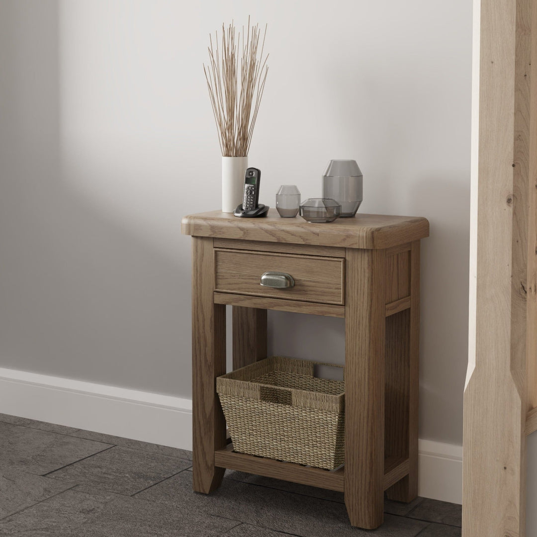 Rusper Oak Telephone Table with Basket1 - Duck Barn Interiors