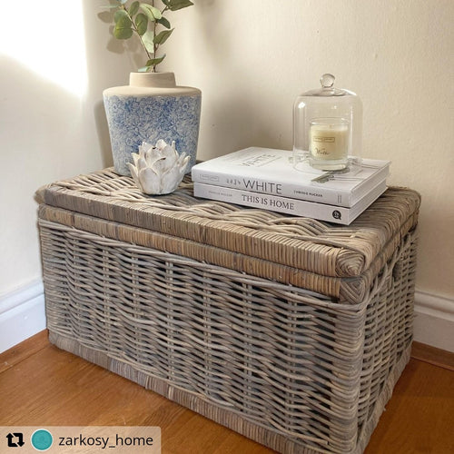 Grey Rectangle Wicker Lidded Storage Chest with Handles - Small