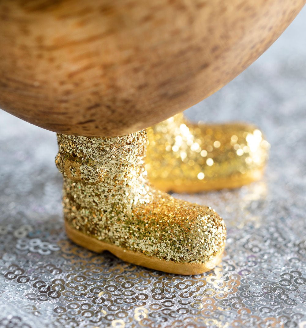 Small Wooden Disco Duckling in Gold Sparkly Wellies - Duck Barn Interiors