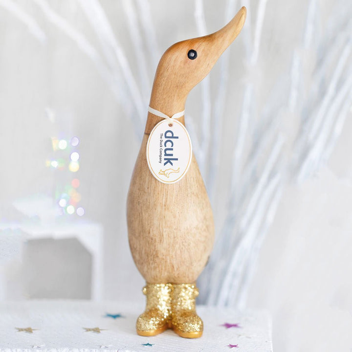 Wooden Disco Duckling in Gold Sparkly Wellies1 - Duck Barn Interiors