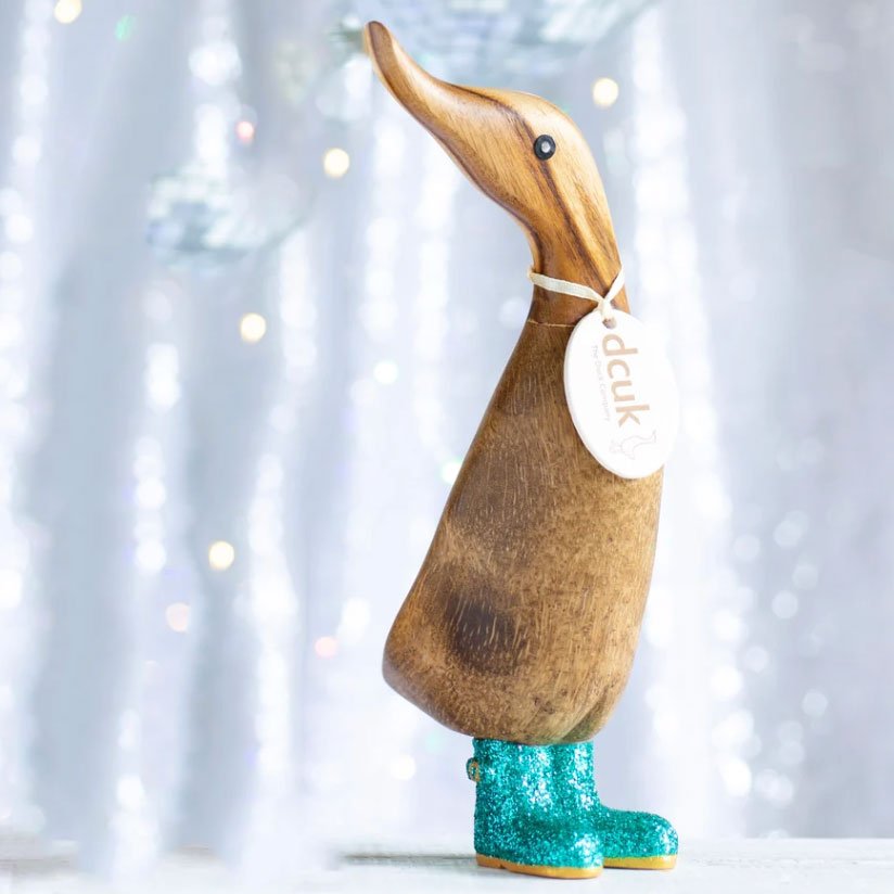 Small Wooden Disco Duckling in Green Sparkly Wellies - Duck Barn Interiors