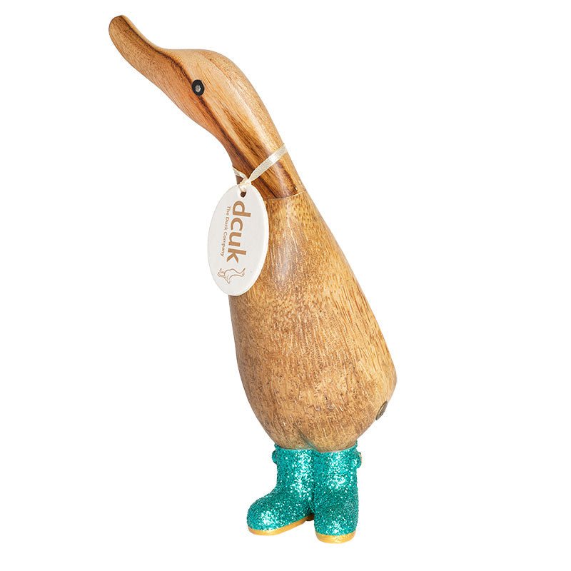 Small Wooden Disco Duckling in Green Sparkly Wellies - Duck Barn Interiors