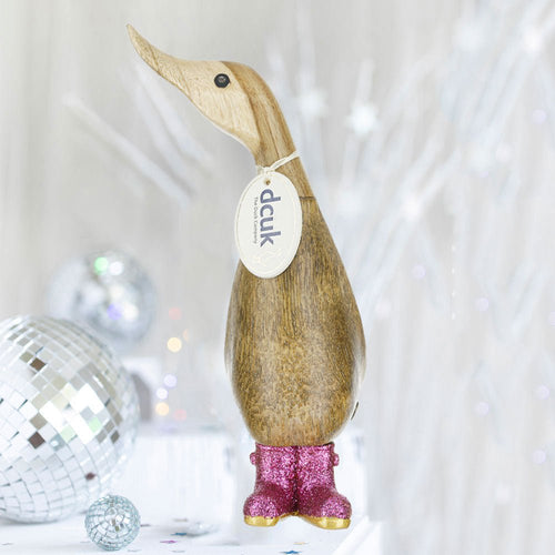 Wooden Disco Duckling in Pink Sparkly Wellies