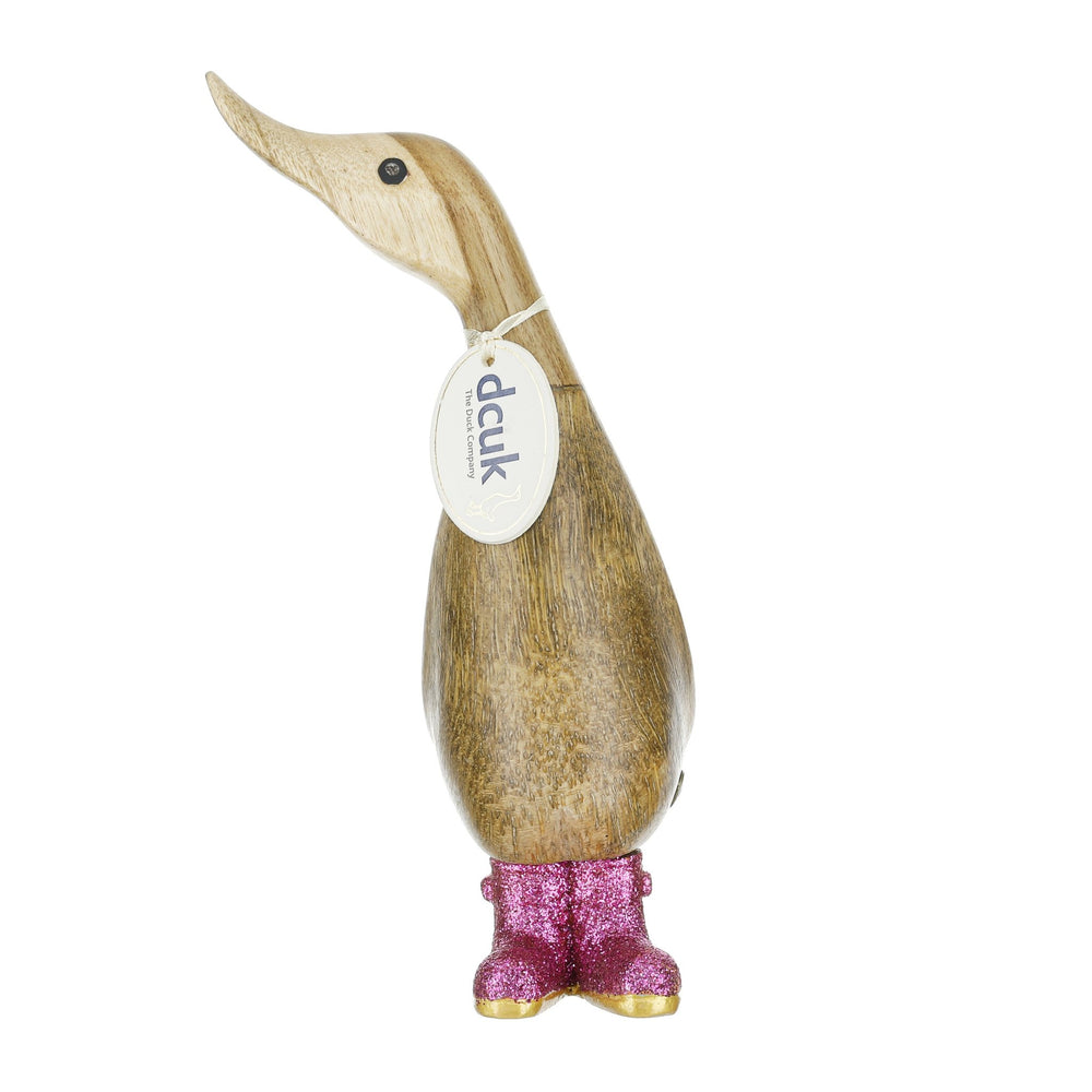 Small Wooden Disco Duckling in Pink Sparkly Wellies - Duck Barn Interiors