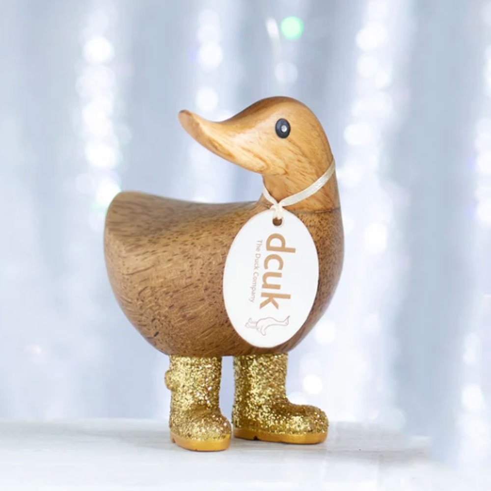 Small Wooden Disco Ducky in Gold Sparkly Wellies - Duck Barn Interiors