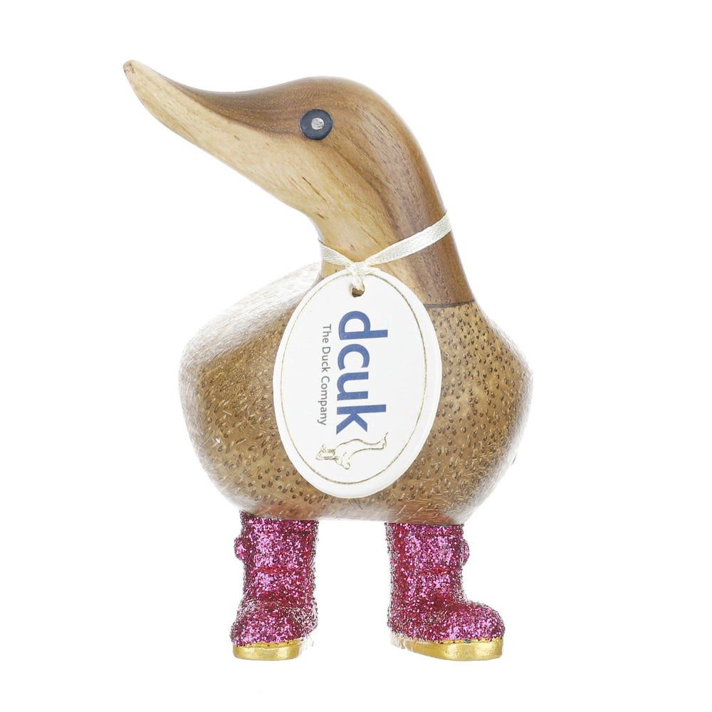 Small Wooden Disco Ducky in Pink Sparkly Wellies - Duck Barn Interiors