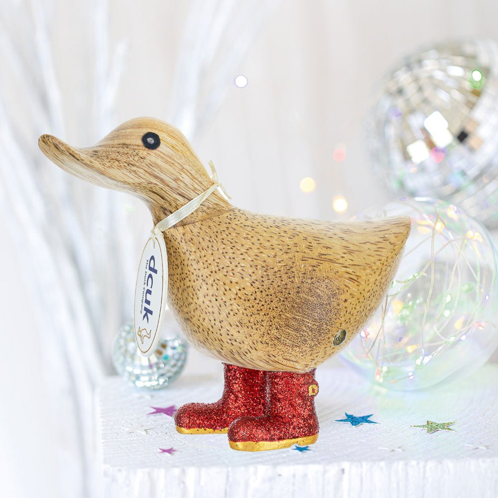 Small Wooden Disco Ducky in Red Sparkly Wellies - Duck Barn Interiors