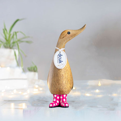 Wooden Duckling in Bright Pink and White Spotty Wellies