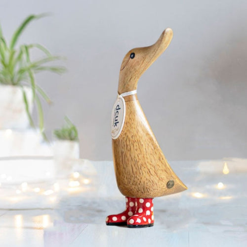 Wooden Duckling in Red and White Spotty Wellies