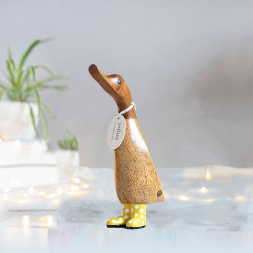 Wooden Duckling in Yellow and White Spotty Wellies