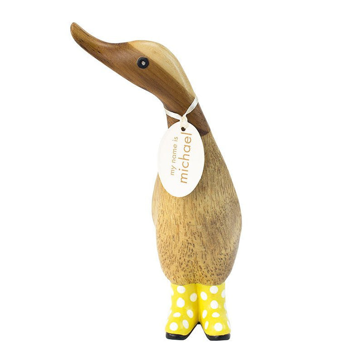 Small Wooden Duckling in Yellow and White Spotty Wellies - Duck Barn Interiors