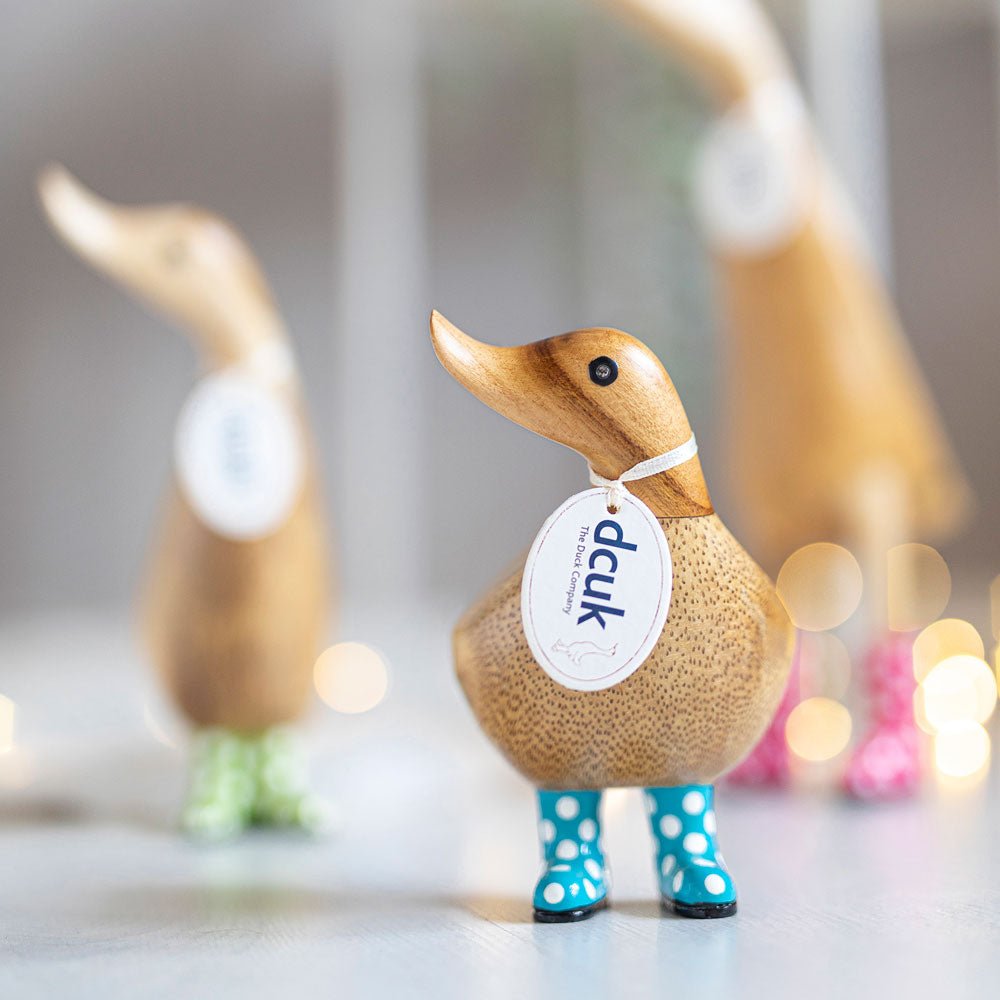 Small Wooden Ducky in Blue and White Spotty Wellies - Duck Barn Interiors