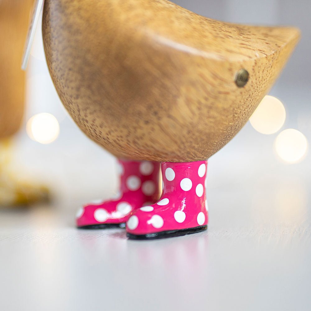 Small Wooden Ducky in Pink and White Spotty Wellies - Duck Barn Interiors