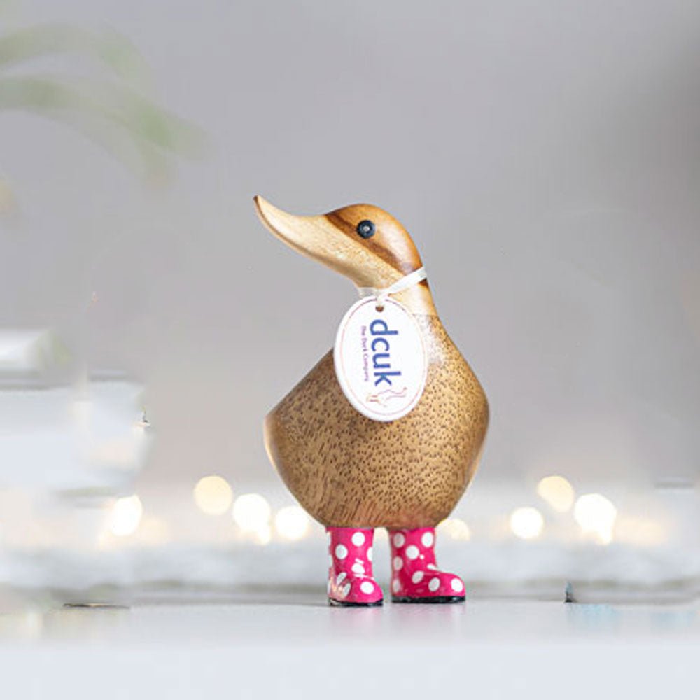 Wooden Ducky in Pink and White Spotty Wellies1 - Duck Barn Interiors