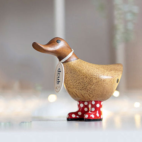 Wooden Ducky in Red and White Spotty Wellies