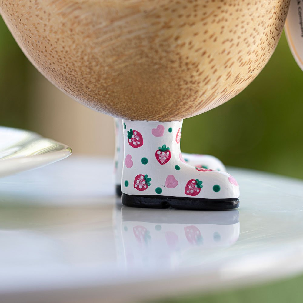 Small Wooden Ducky in Strawberry Print Wellies - Duck Barn Interiors