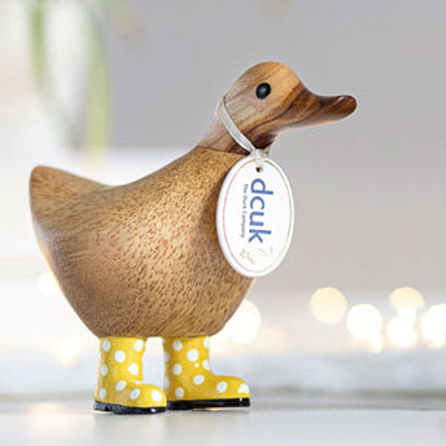 Wooden Ducky in Yellow and White Spotty Wellies