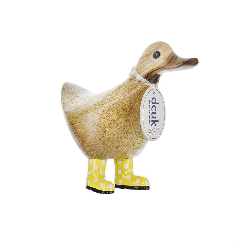 Small Wooden Ducky in Yellow and White Spotty Wellies - Duck Barn Interiors