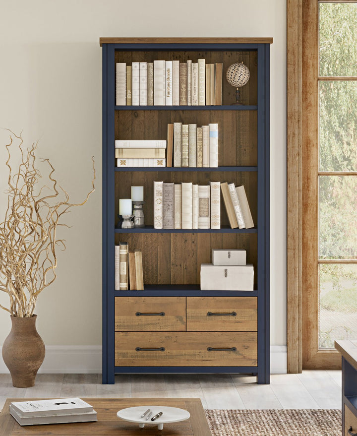 Splash of Blue Large Open Bookcase with Drawers1 - Duck Barn Interiors