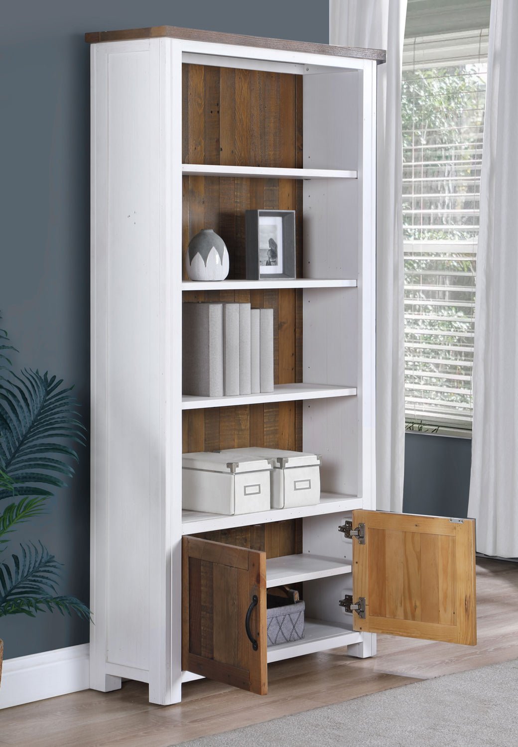 Splash of White Large Open Bookcase with Cupboard3 - Duck Barn Interiors